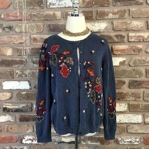 HEIRLOOM COLLECTIBLES Vintage Blue Embroidered Autumn leaves Cardigan Sweater L